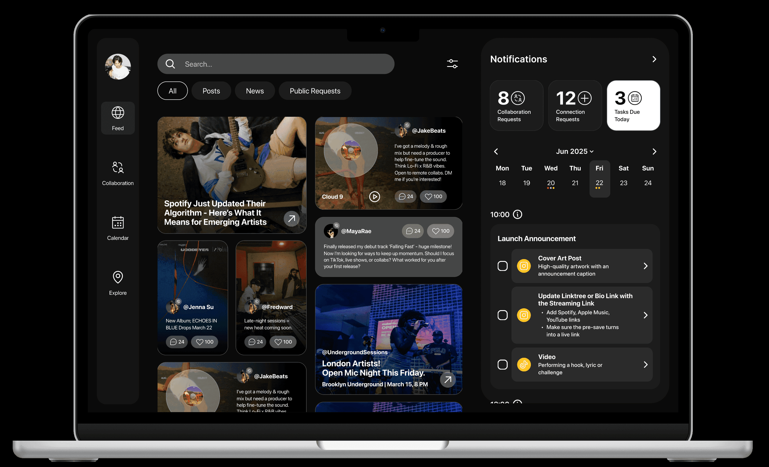 AMP desktop app showing feed, notifications, and calendar
