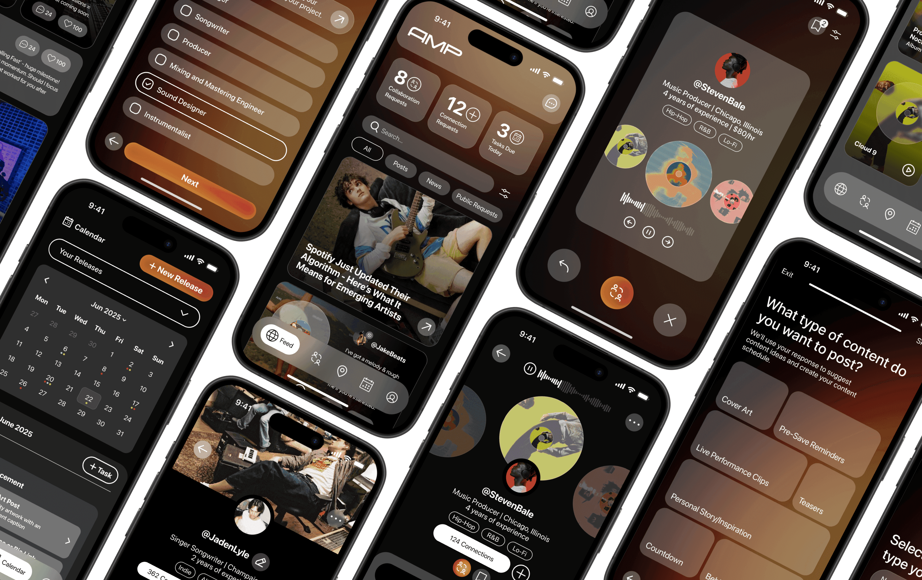 Collage of AMP app screens showing collaboration, calendar, and community feed