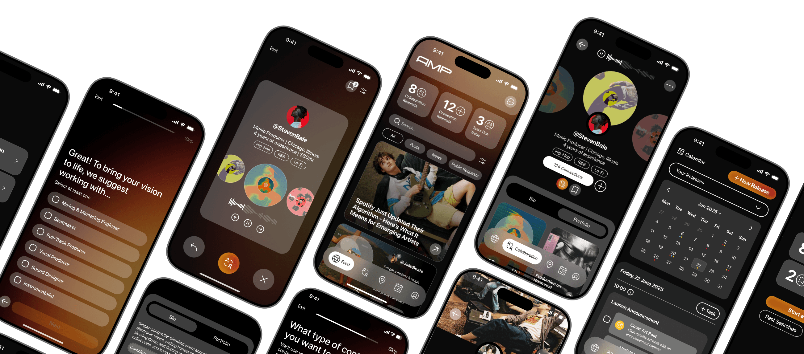 Collage of AMP app screens showing onboarding, artist profiles, feed, collaboration, and calendar