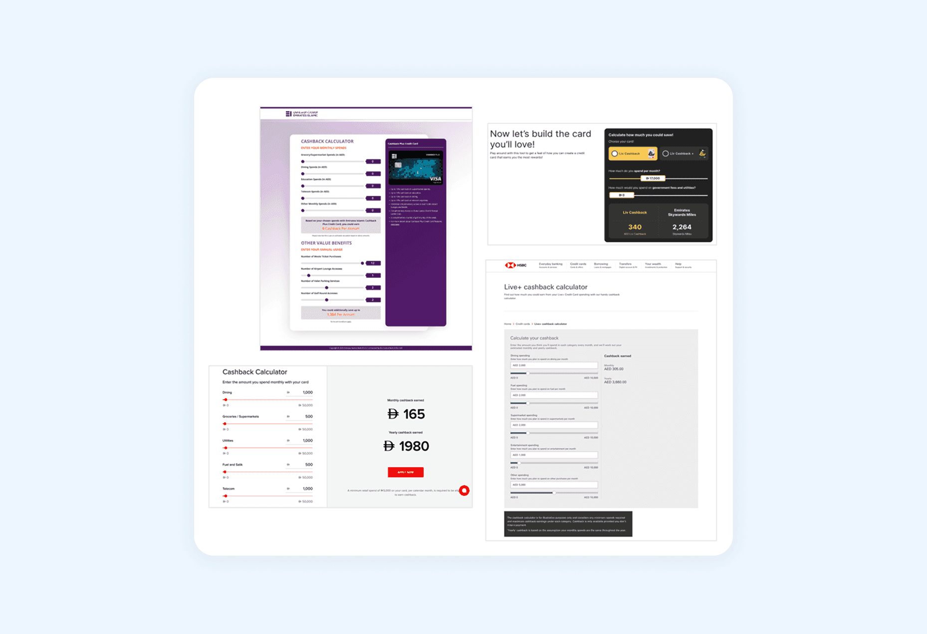 Benchmarking grid of regional bank reward calculators