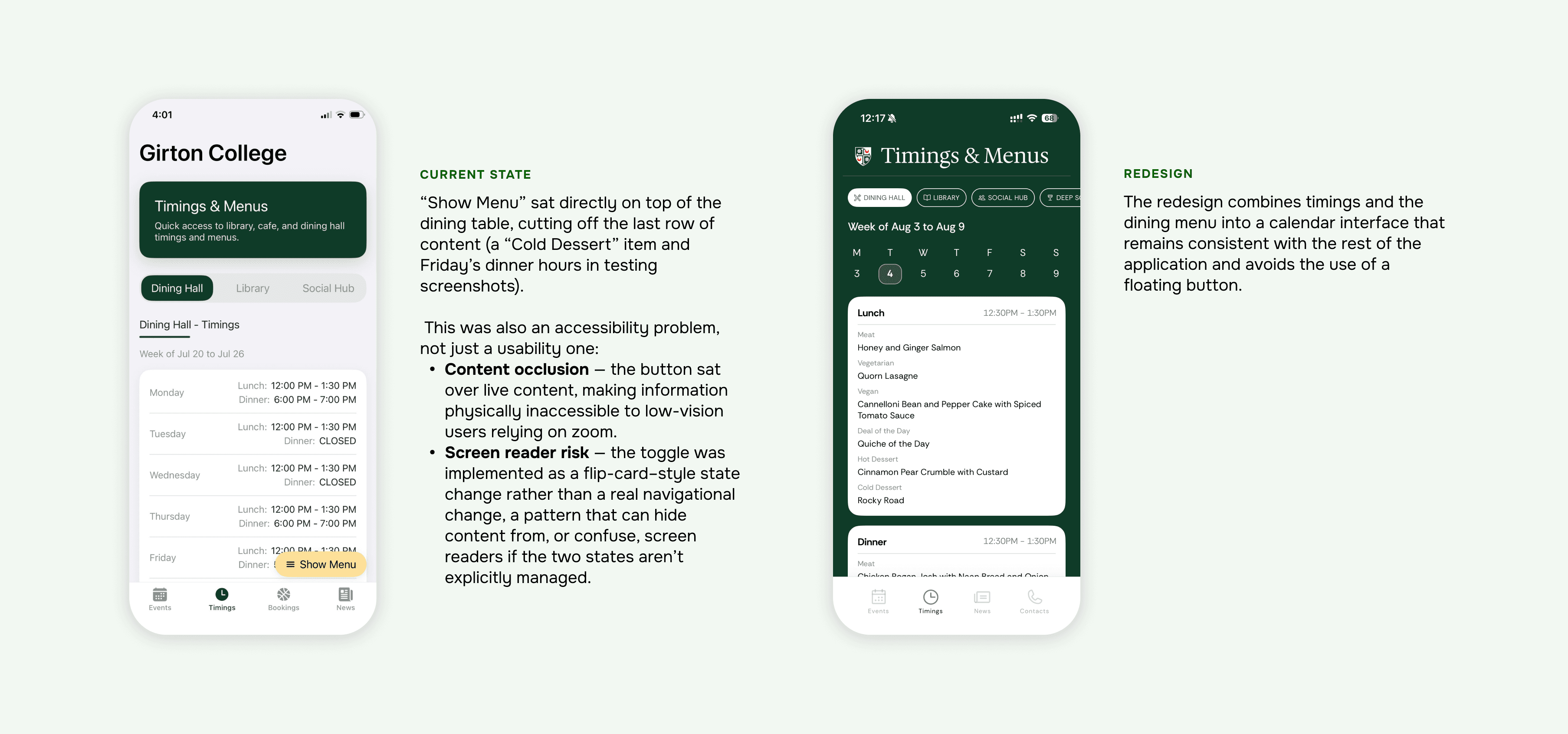 Current state vs. redesign state comparison of the dining menu toggle, showing the floating Show Menu button before and the persistent tab row after