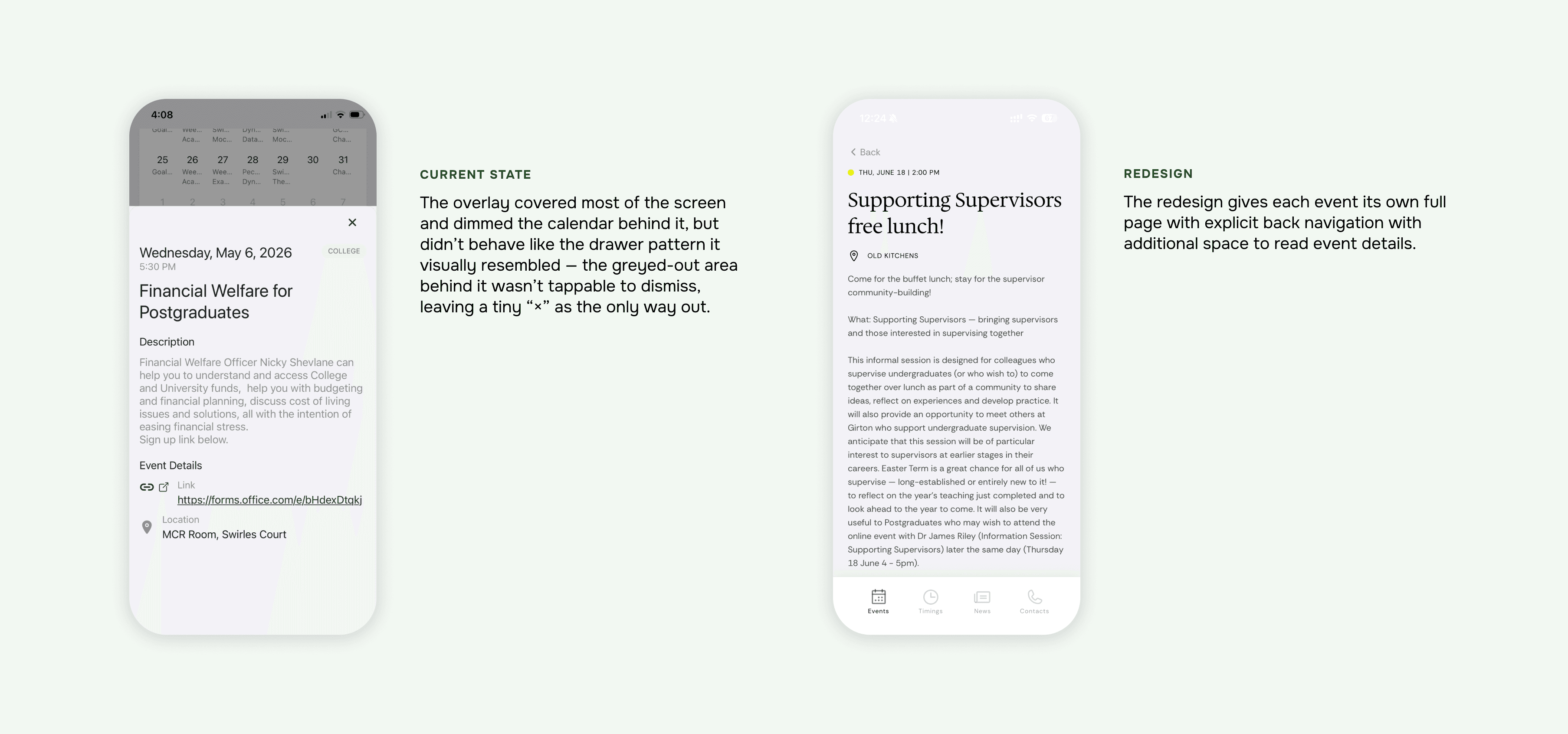 Current state vs. redesign state comparison of the event detail view, showing the overlay bottom sheet before and the full page with back navigation after