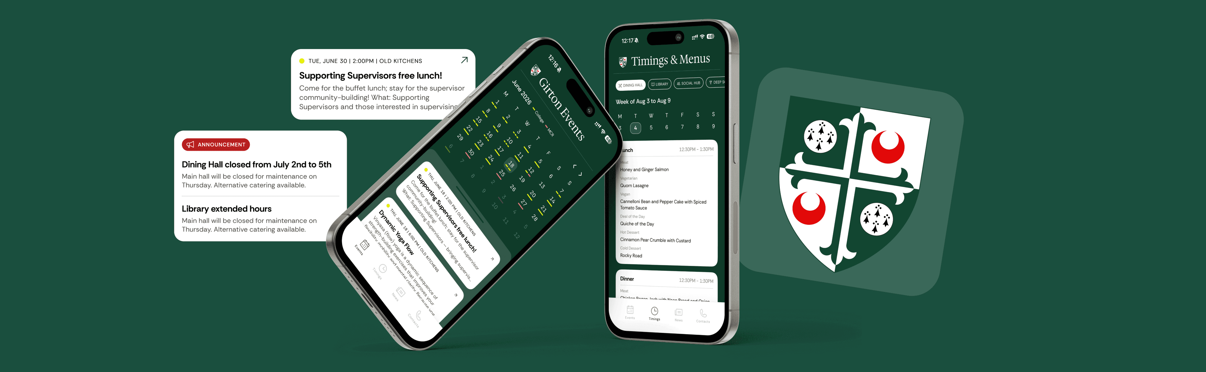 Girton Events app screens on a dark green background, alongside the Girton College crest
