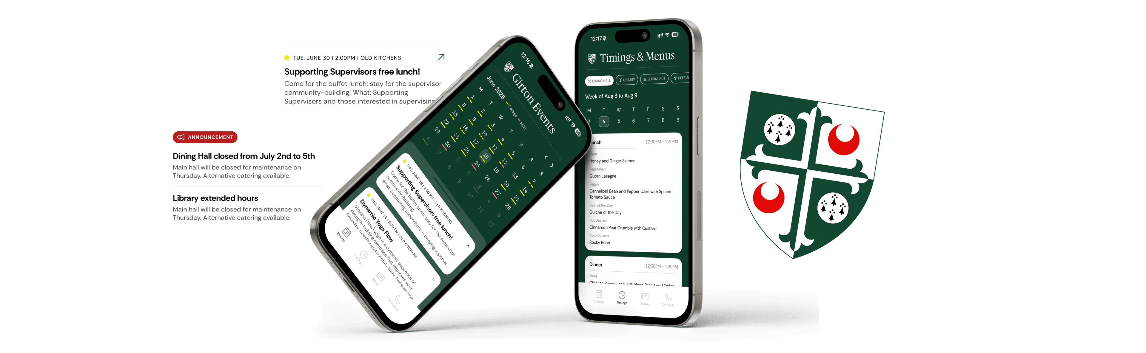 Girton Events app screens on a dark green background, alongside the Girton College crest